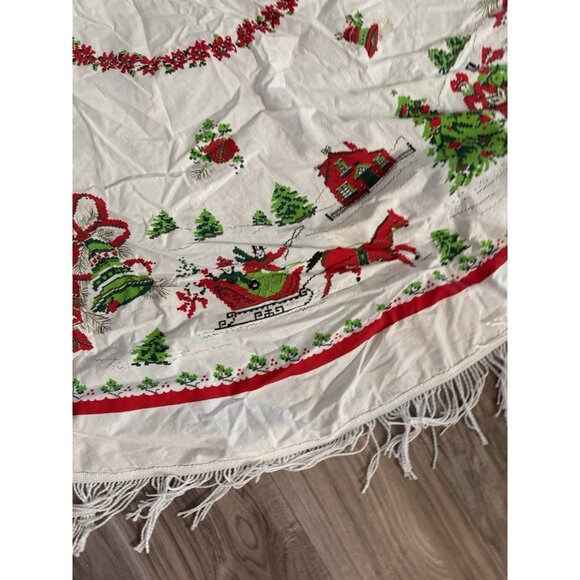 VTG MCM Christmas Tablecloth Round Fringed Santa Trees Bells Holiday Table Read - Picture 4 of 12